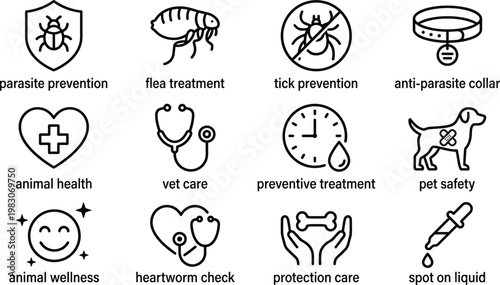 Flat design icons set for pet parasite prevention and animal healthcare treatment vector illustration