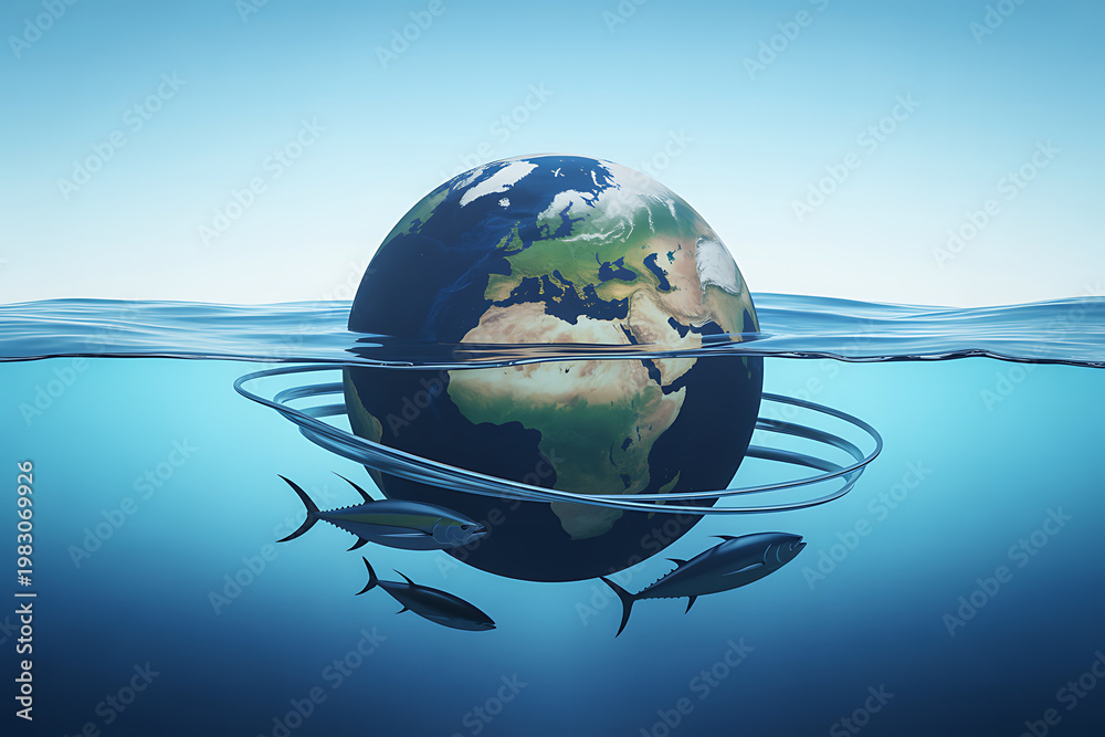 Naklejka premium Earth partially submerged in water with fish swimming around it
