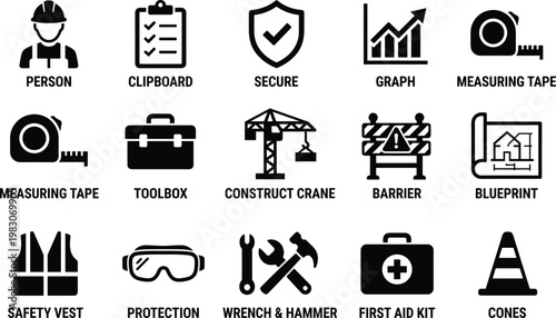 Collection of construction icons on white background for business and safety concepts