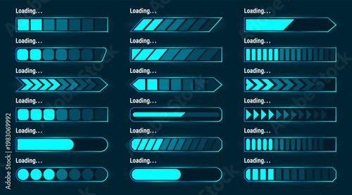 Loading bar collection with futuristic progress indicators and interface elements. Includes various UI progress designs and animation styles