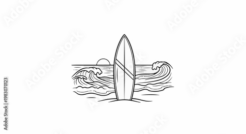 A surfboard stands upright on a sandy beach with waves and a setting sun