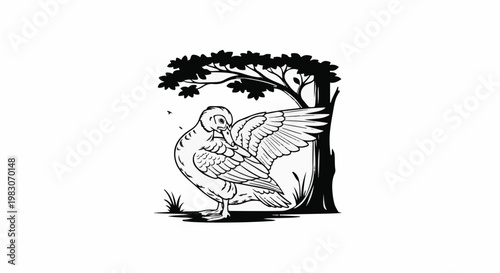 A stylized line drawing of a bird grooming near a silhouette tree