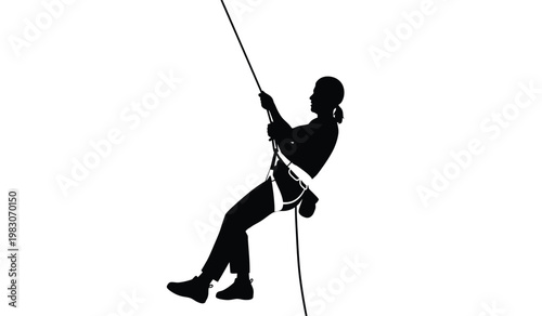 A dynamic image showcases a person rappelling down a rope fully equipped with gear presented as a striking silhouette high quality professional detailed modern