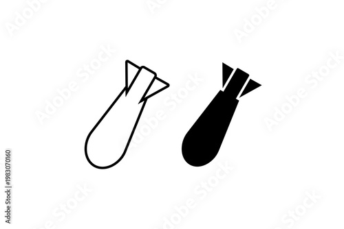 Outline and silhouette of two bombs with fins in minimalist design.
