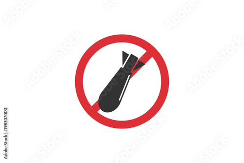 Anti-war symbol: red circle with bomb icon and diagonal line.
