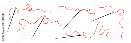 Minimalist sewing needle set with flowing thread in curvy red line art. Ideal for tailor branding, dressmaking symbols and needlework craft illustration on isolated background. Editable stroke