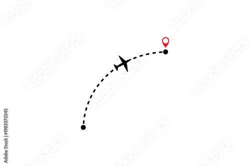 Airplane travel path icon with destination marker on white background.