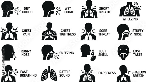 Flat design vector illustration of common cold and flu symptoms with human silhouettes