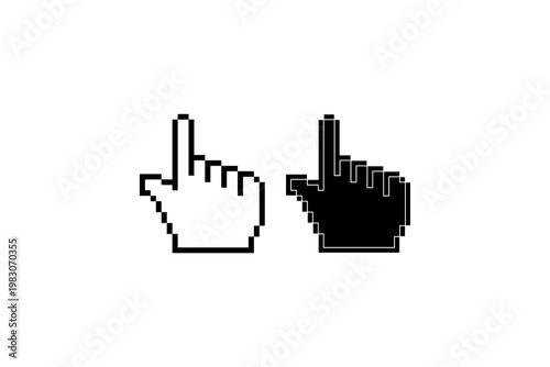 Pixelated hand cursors icon in black and white design.