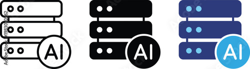 AI server rack icon set. Artificial intelligence data storage and database servers in outline, solid and blue styles. Vector illustration for cloud computing, machine learning and data center UI