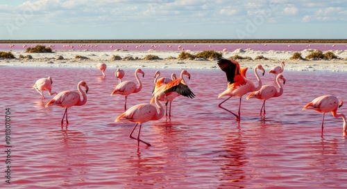 Flamingos Standing in Pink Water.