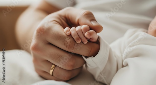 Closeup of adult hand holding baby hand on white background