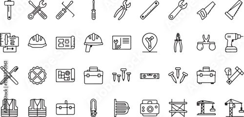 Black and white line collection of household and tools including kitchenware cleaning supplies and office supplies