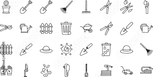 Black and white line collection of household and tools including kitchenware utensils stationery and cleaning