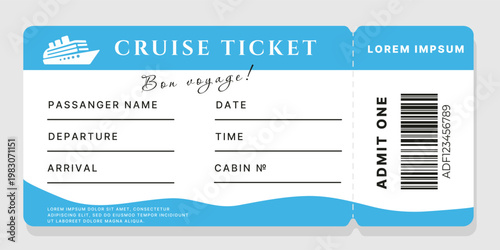 Cruise boarding pass template with ocean liner illustration, blank information fields, barcode and text. Vector template for cruise voyages