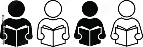 Reading book icon set. Education and learning symbols with reader silhouettes holding open books. Vector illustration in outline and solid styles for study, library, UI UX and infographic design