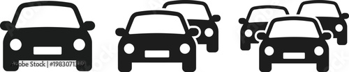 Car icon set in front view. Flat black vehicle silhouettes including driver, taxi and open door action symbols. Vector illustration for transport, ride sharing, rental and traffic UI design