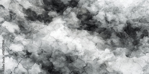 An abstract black and white background features swirling smoke and dark storm clouds creating a dramatic texture of light and motion in a moody night sky