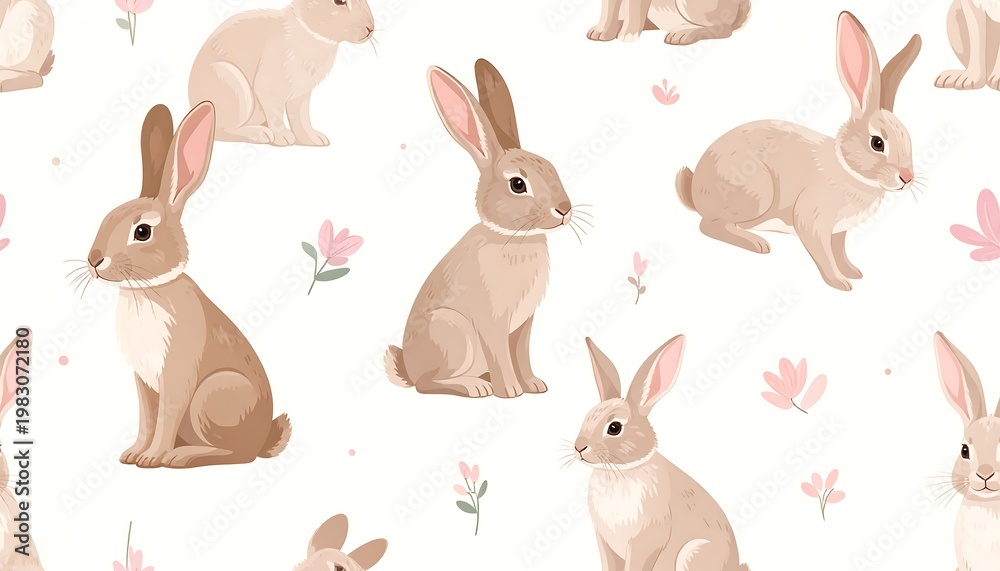 Fototapeta premium A digital illustration of multiple brown rabbits among pink flowers on a white background