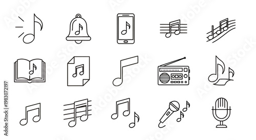 Set of musical icons and audio symbols including notes, bells, headphones, radios and speakers.