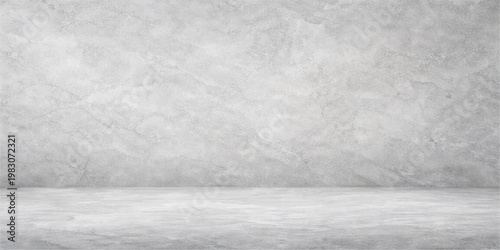 Dark grunge interior featuring a rough grey concrete wall and floor with a dirty textured stone surface for a vintage industrial backdrop