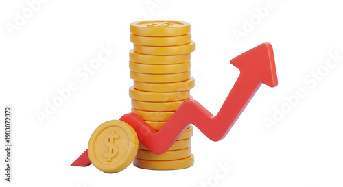 3d cartoon design illustration of Stack of dollar coin with arrow pointing up, Investment and money savings concept.