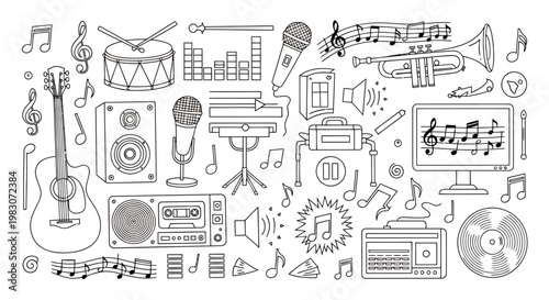 Colorful doodle collage of musical instruments and audio equipment.