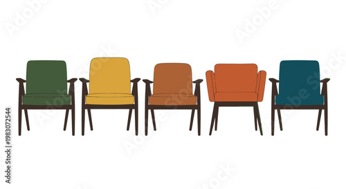 Five colorful chairs in a row.