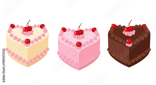 Three colorful cakes with cherries on top.