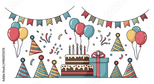 Colorful birthday party celebration objects.