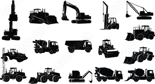 Construction equipment silhouettes isolated on transparent background
