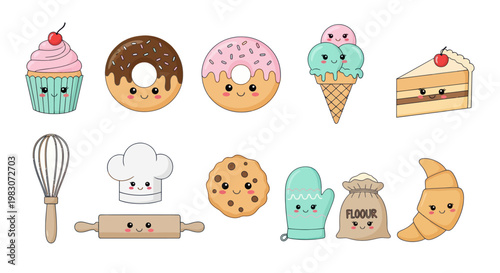 Cartoon bakery dessert icons collection.