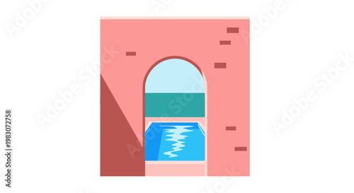 Pink wall with archway and pool.