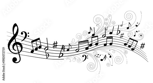 Ornamental Musical Notes and Treble Clef with Flourishes and Decorative Swirls.