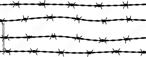 Barbed wire silhouette vector set, black sharp metal fence lines on white background, industrial security border and prison protection elements