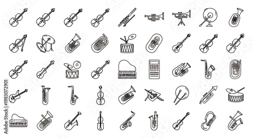 Collection of black and white line art icons depicting music, instruments, and audio gear.