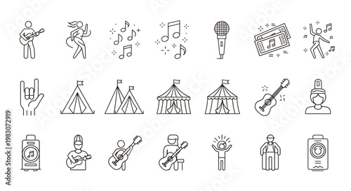 Collection of line art icons depicting camping, music, and outdoor leisure activities.