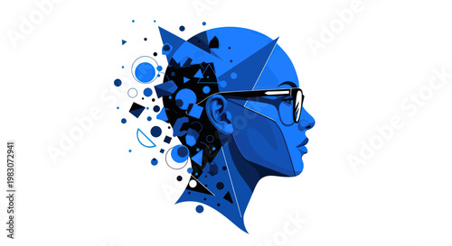 Blue geometric man with glasses thinking.