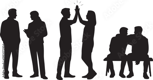 Group of colleagues and friends interacting through high five handshakes and sitting during casual social meetings