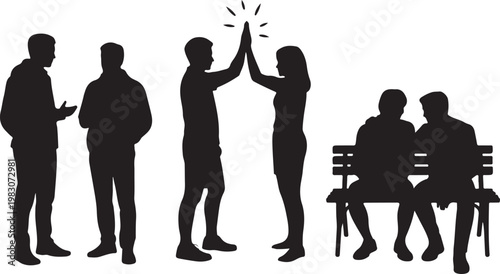 Group of friends engaging in various social interactions and activities while standing and sitting together