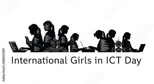 Silhouettes of people and robots celebrating international girls in ict day