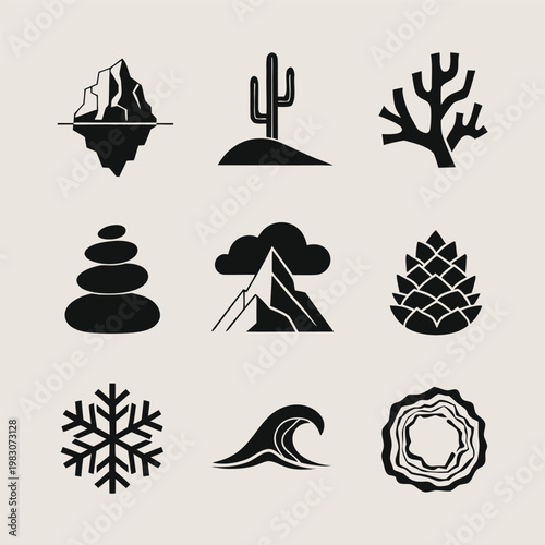 A black warm beige ultra minimal silhouette environment habitat vector icon set featuring nature elements