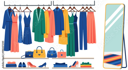 Fashion Wardrobe Display: Dresses, Bags, Shoes, and Mirror