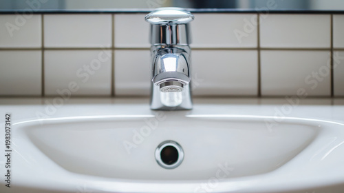 Close up of modern bathroom sink featuring sleek chrome faucet and clean white basin, creating fresh and inviting atmosphere