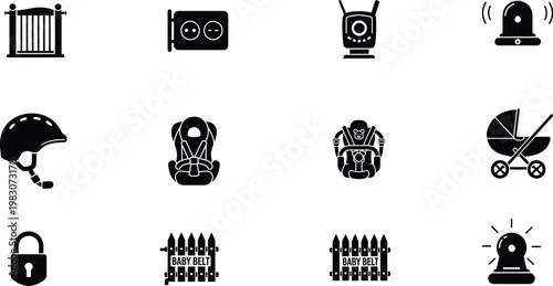 Black silhouette icons baby gear security and protective equipment isolated on transparent background