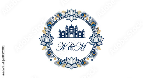 Indian Wedding Invitation Emblem with Taj Mahal, Lotus Flowers, Peacock Feathers