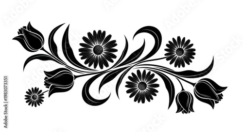 Black floral ornament with tulips and daisies, vintage design, isolated on white background