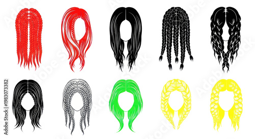 Colorful Braided Hairstyles Set, Diverse Hair Colors and Styles