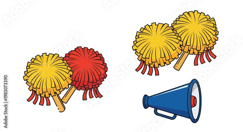 Cheerleading Pom-Poms and Megaphone on White Background