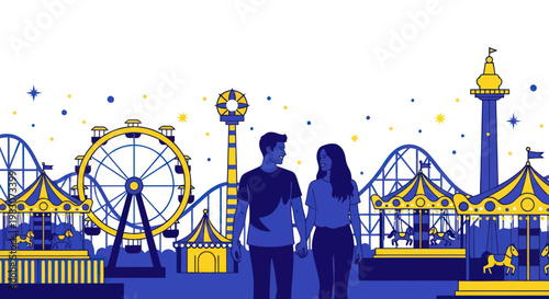 Couple holding hands at amusement park, Ferris wheel, carousel, roller coaster